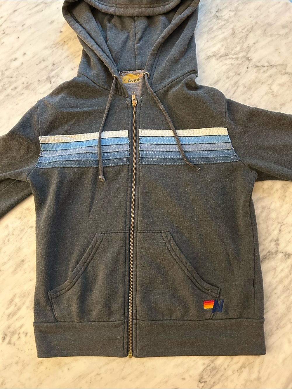 Aviator Nation Kids Charcoal Zip Hoodie with Blue & Cream Stripes